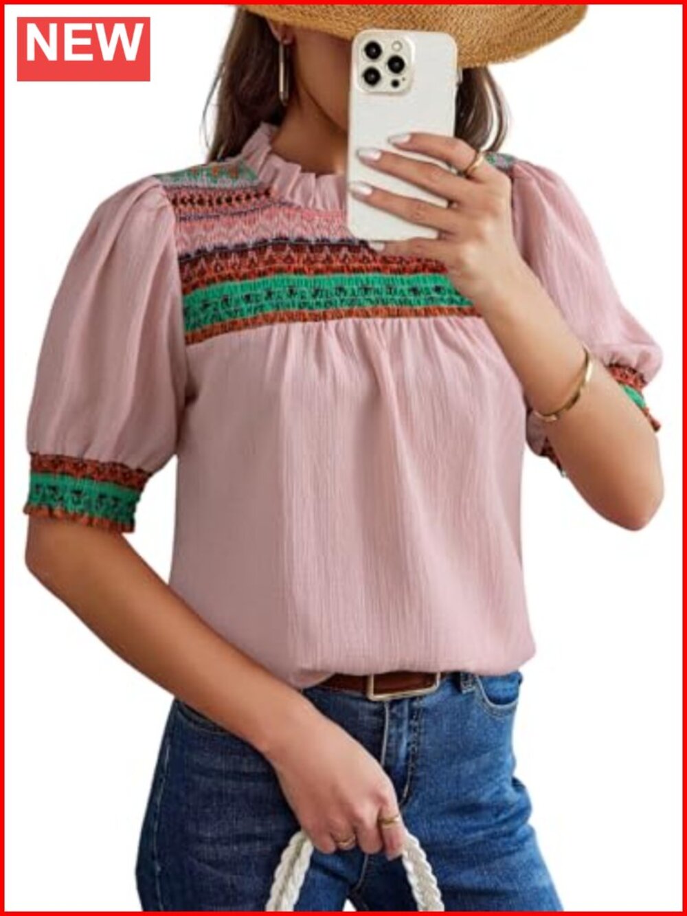 Embroidered Boho Tunic Blouse Puff Short Sleeve Pleated